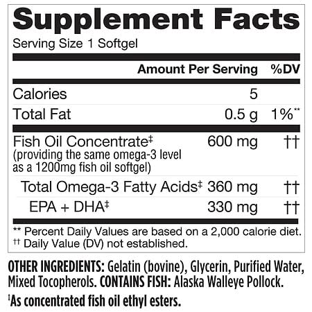 Finest Nutrition Half-The-Size Fish Oil softgels, easy to swallow for daily omega-3 support.