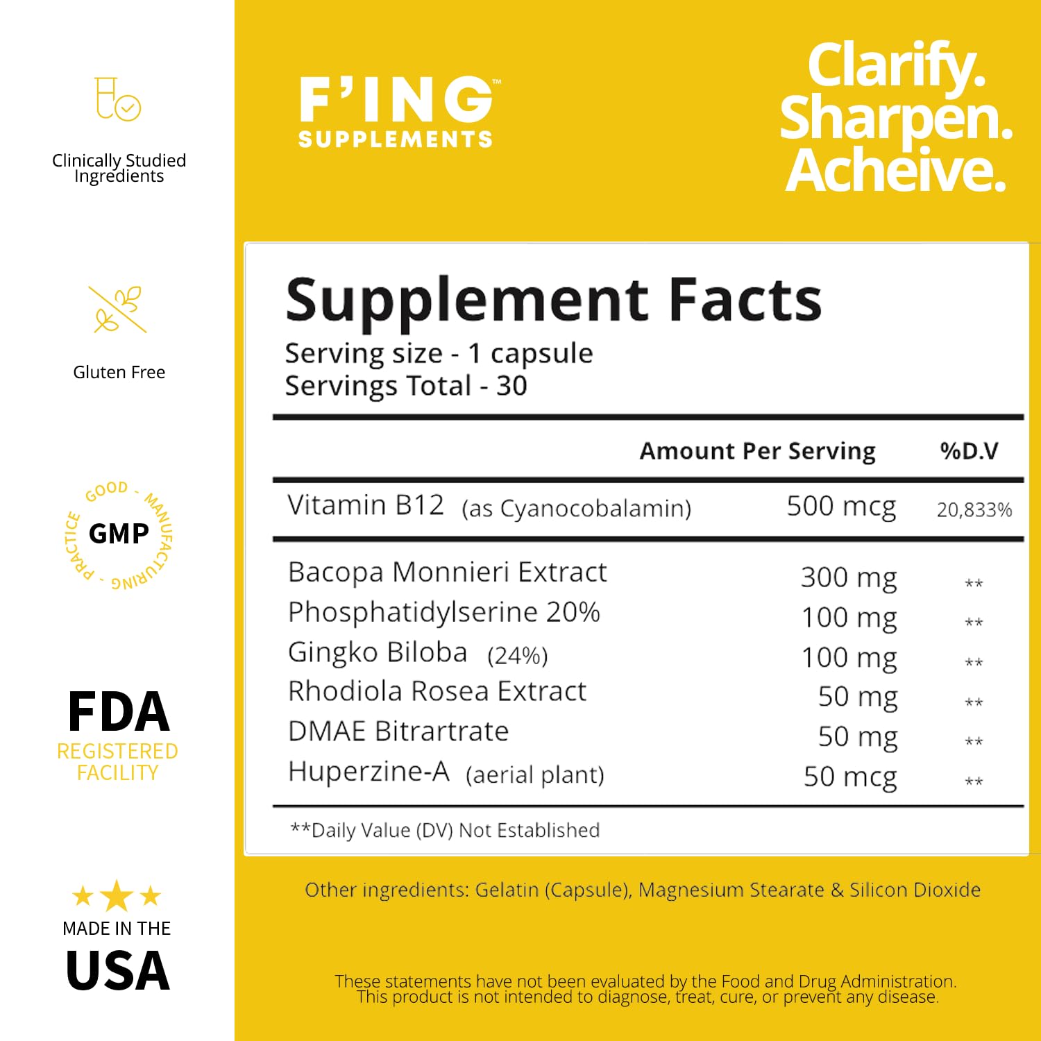 F'ing Clarity box displays ingredients list emphasizing cognitive energy benefits.