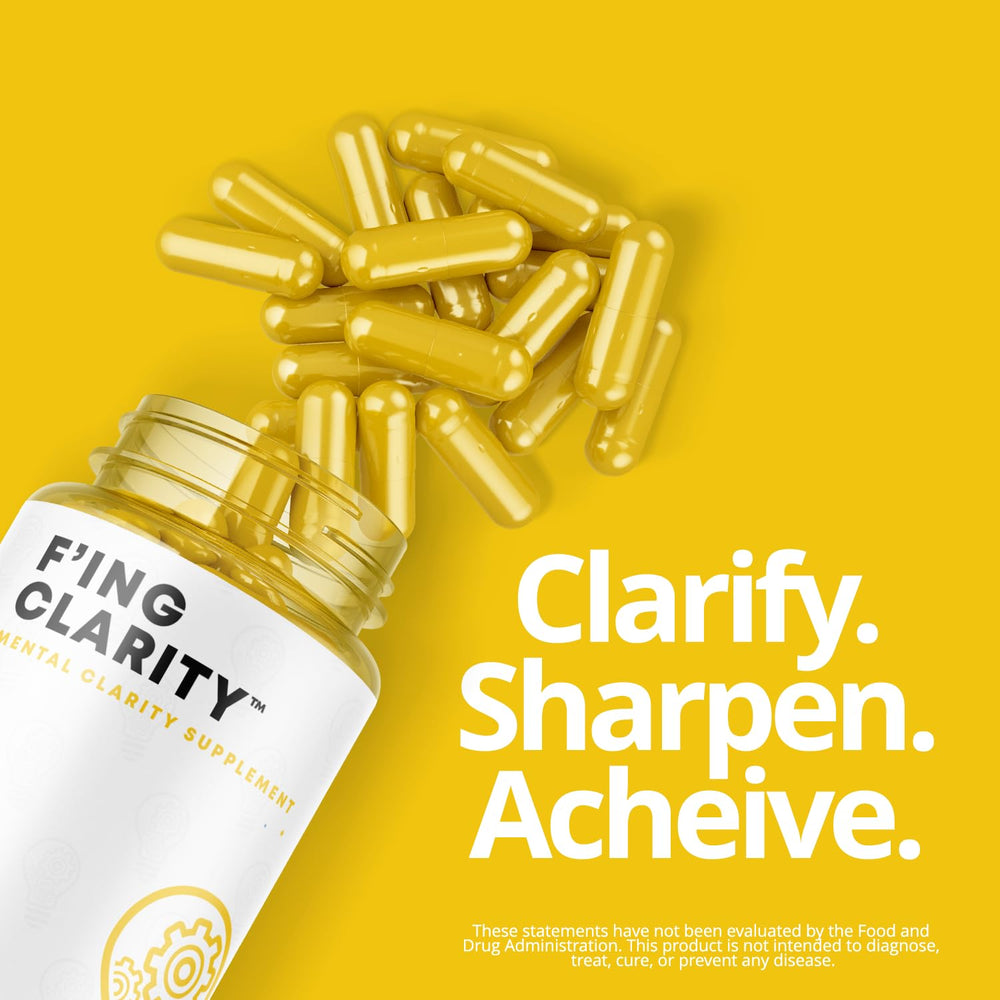 F'ing Clarity packaging close-up illustrates brain-boosting nootropics in action.