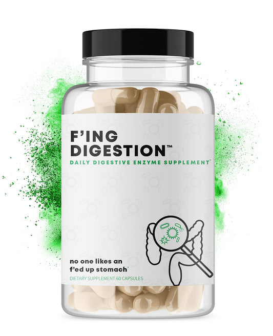 F'ing Digestion bottle front with capsules ready for daily gut support.