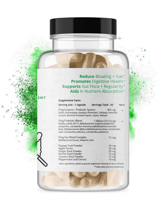 Close-up of F'ing Digestion capsules showing enzyme and probiotic blend.