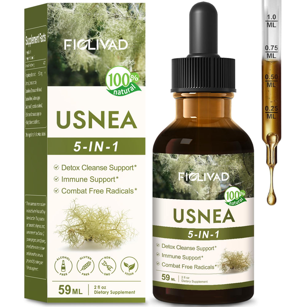 FIOLIVAD Usnea liquid drops bottle for convenient daily detox support in water.