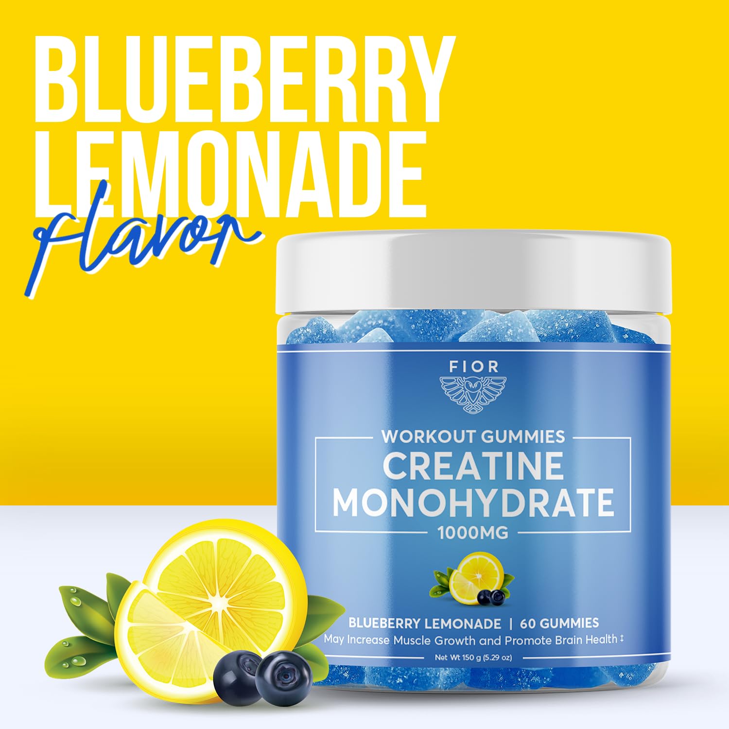 FIOR Creatine Gummy blueberry lemonade flavor shown with refreshing look