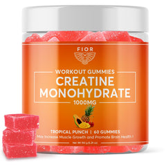 FIOR Creatine Gummy bottle front shows tropical punch flavor, convenient for workouts.