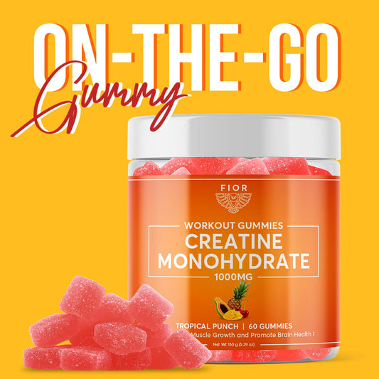 FIOR Creatine Gummy bottle pouring, easy chewables for pre or post-workout routines.
