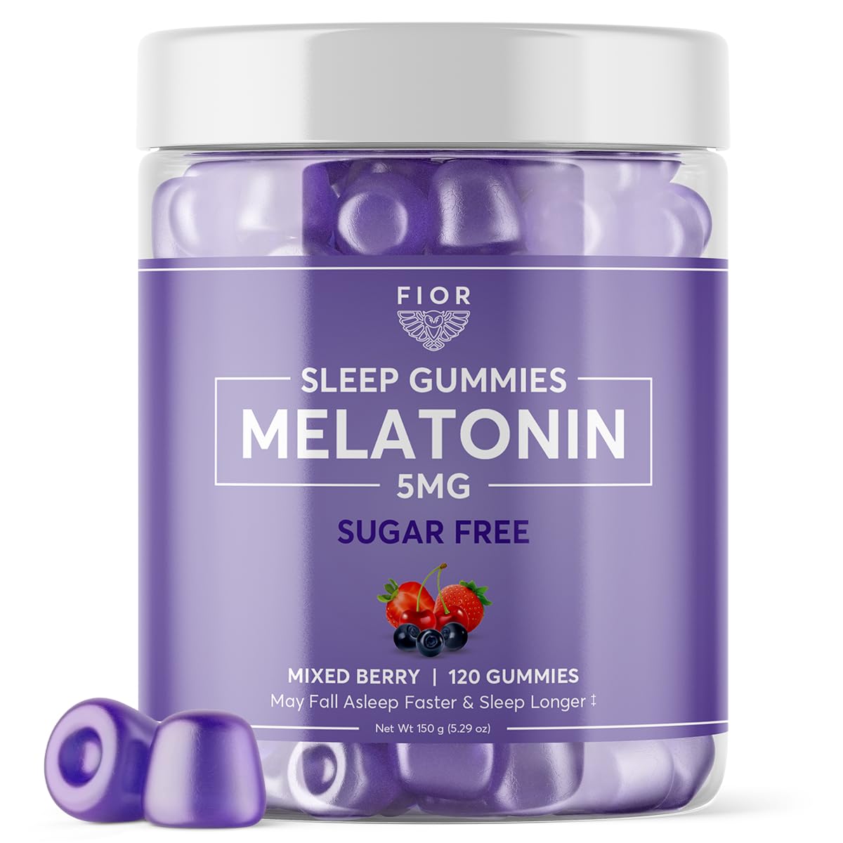 FiOR Sugar Free Sleep Gummies bottle showcases natural melatonin support for restful evenings.