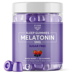 FiOR Sugar Free Sleep Gummies bottle showcases natural melatonin support for restful evenings.