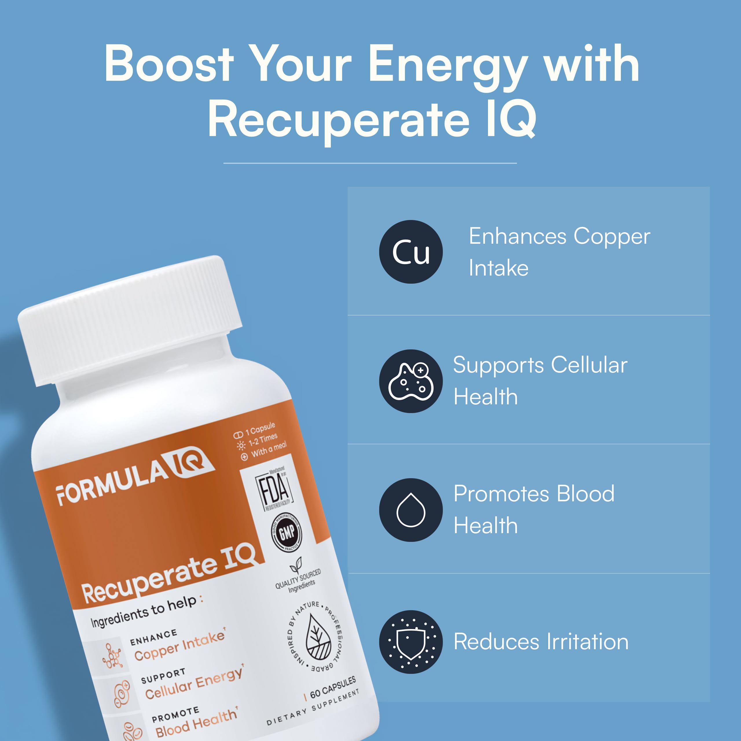 Close-up of Recuperate IQ capsules highlighting easy-to-swallow design for daily use