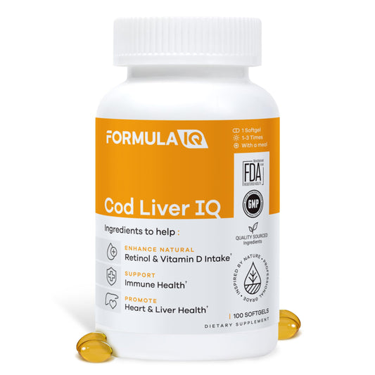 FIQ Formula IQ cod liver oil softgels bottle supports daily omega-3 intake with vitamins A and D