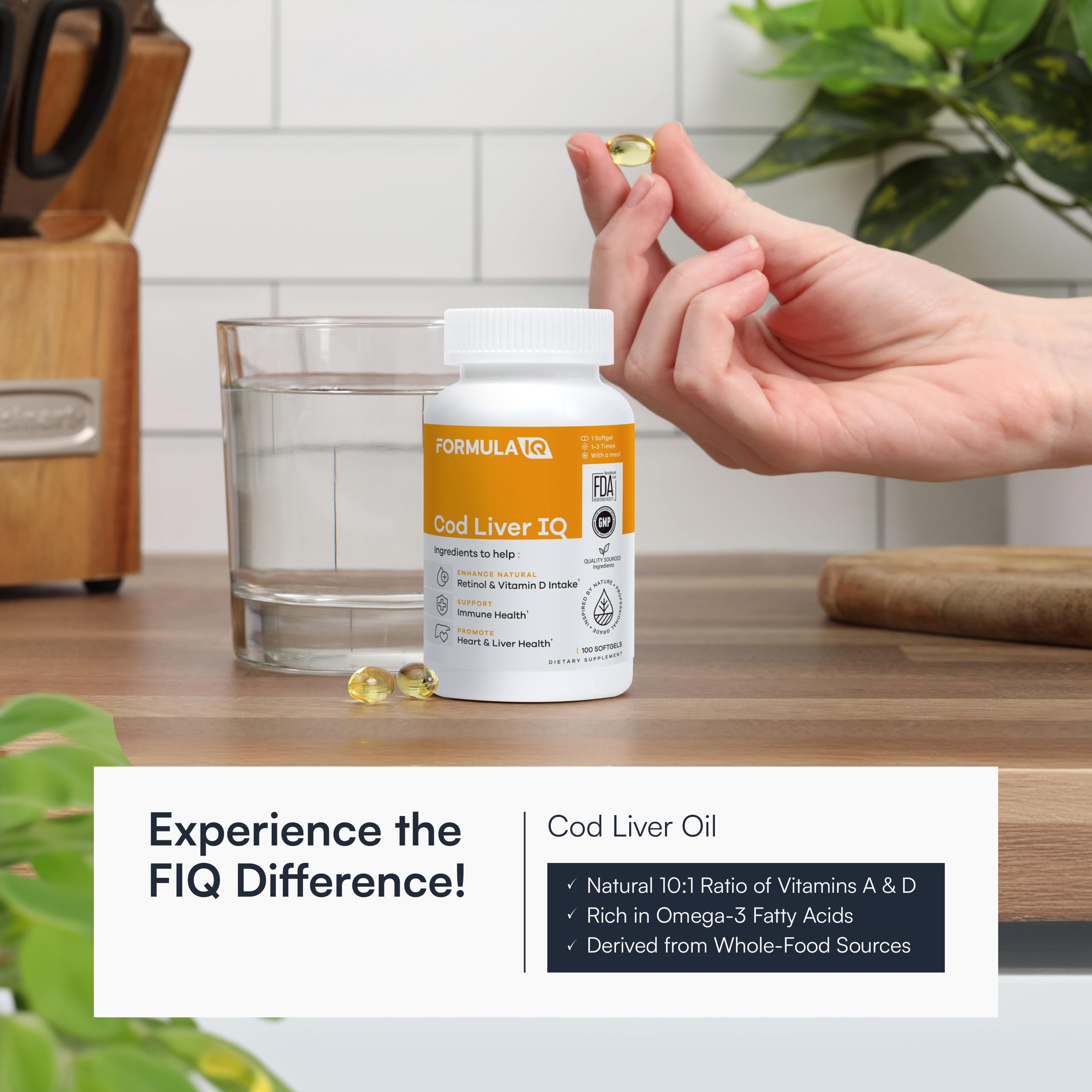 FIQ Formula IQ cod liver oil softgels capsules closeup shows smooth texture for easy swallowing