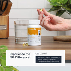 FIQ Formula IQ cod liver oil softgels capsules closeup shows smooth texture for easy swallowing