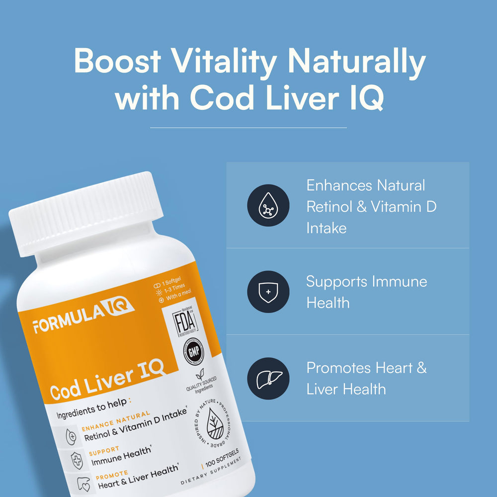 FIQ Formula IQ cod liver oil softgels pour demonstrates easy daily dosage for convenient use