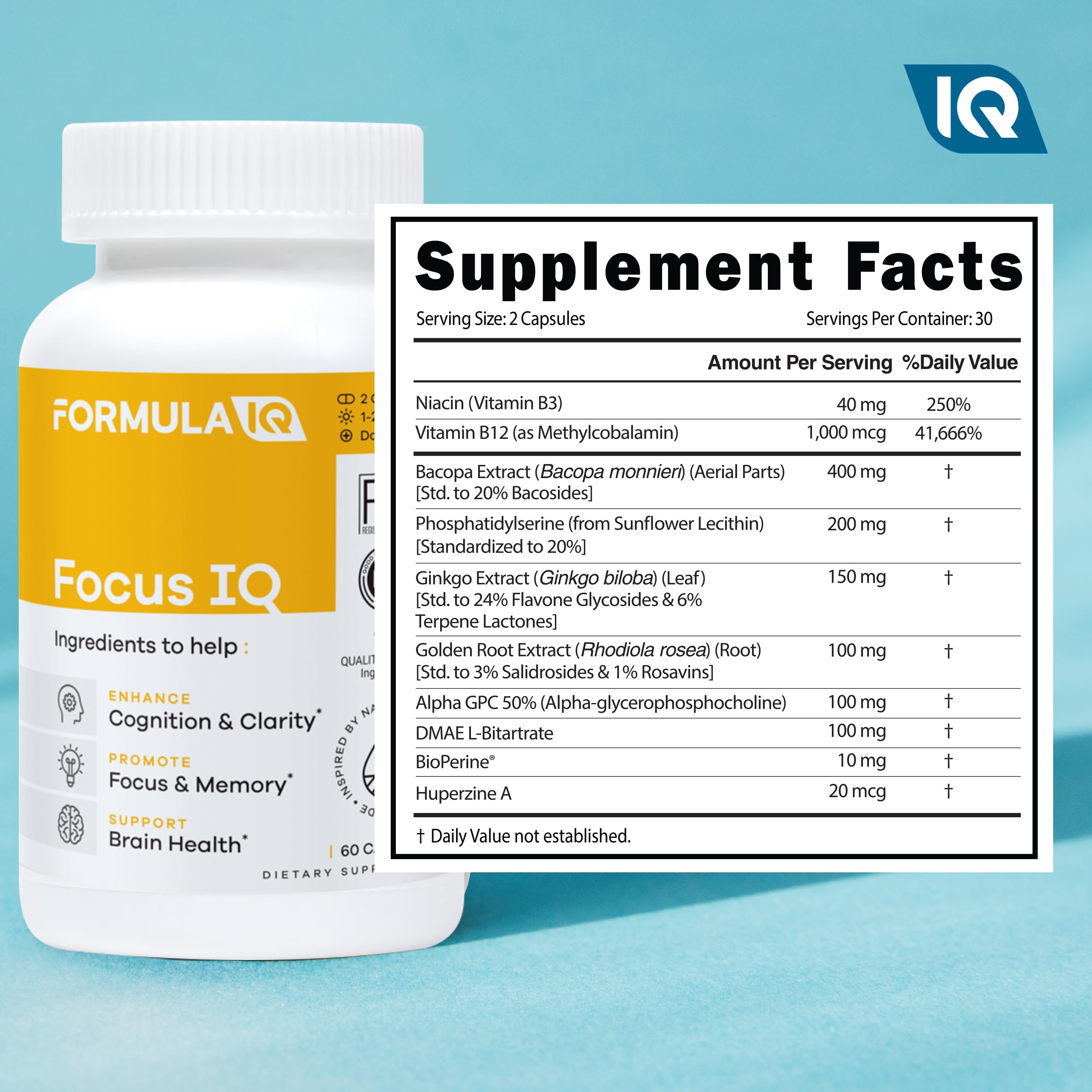 FIQ Formula IQ label details emphasize quality and research-backed brain-boosting nutrients
