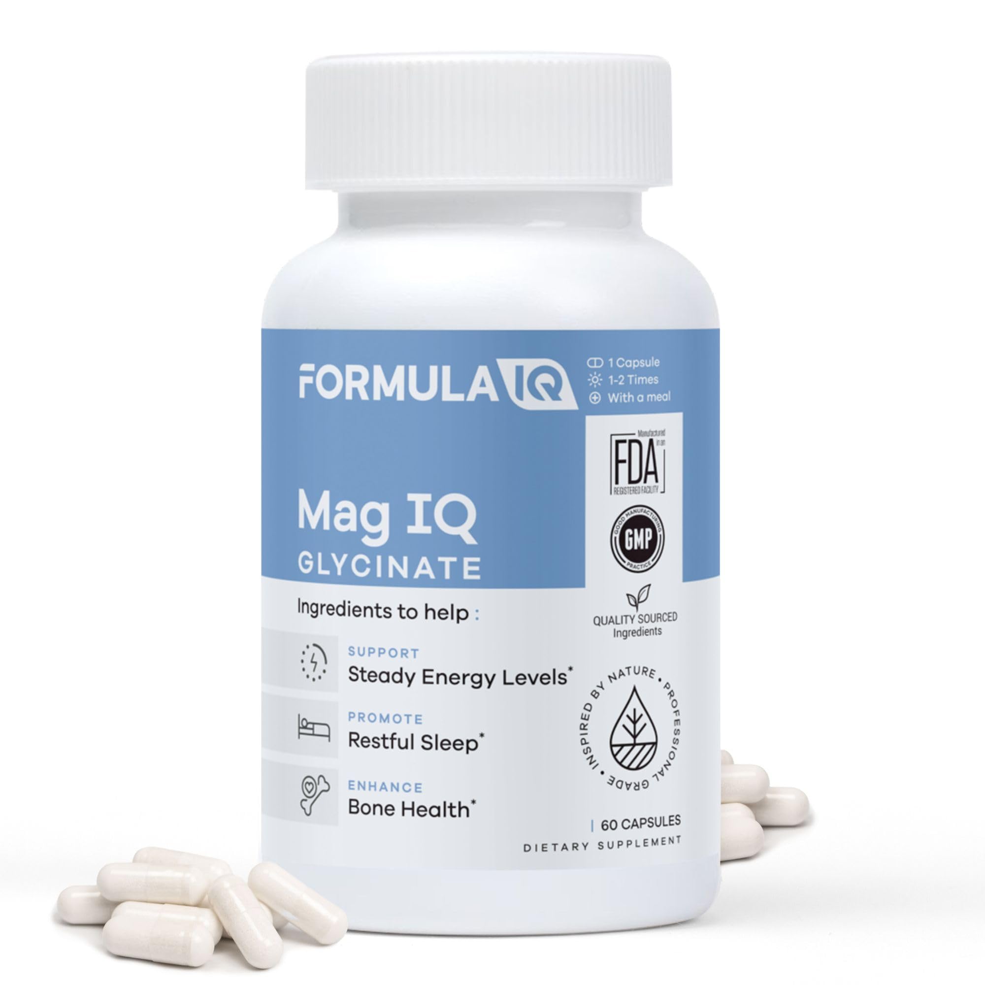 FIQ Formula IQ Mag IQ bottle demonstrates high-absorption magnesium glycinate for daily energy.