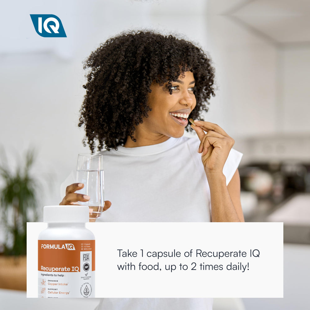 Facts panel on packaging provides dosage guidance at a glance for Recuperate IQ