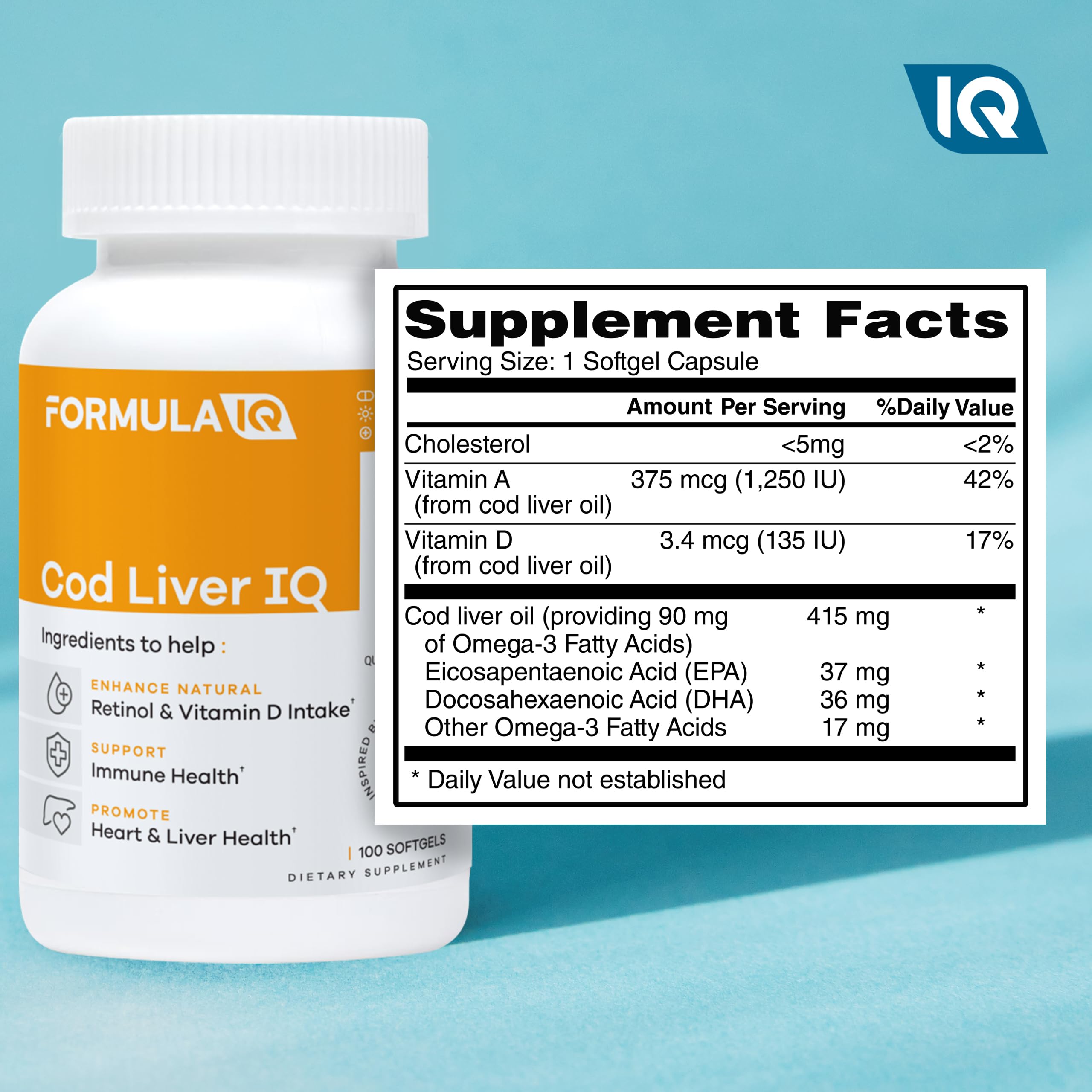 FIQ Formula IQ Icelandic cod liver oil label highlights premium sourcing and vitamin A & D