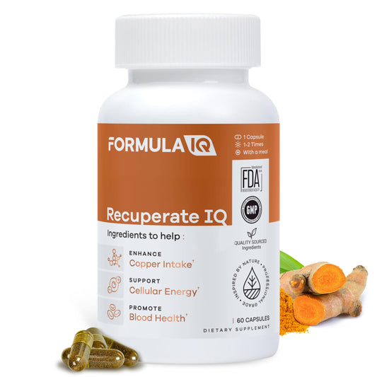 FIQ Formula IQ Recuperate IQ bottle shown for convenient daily copper supplementation