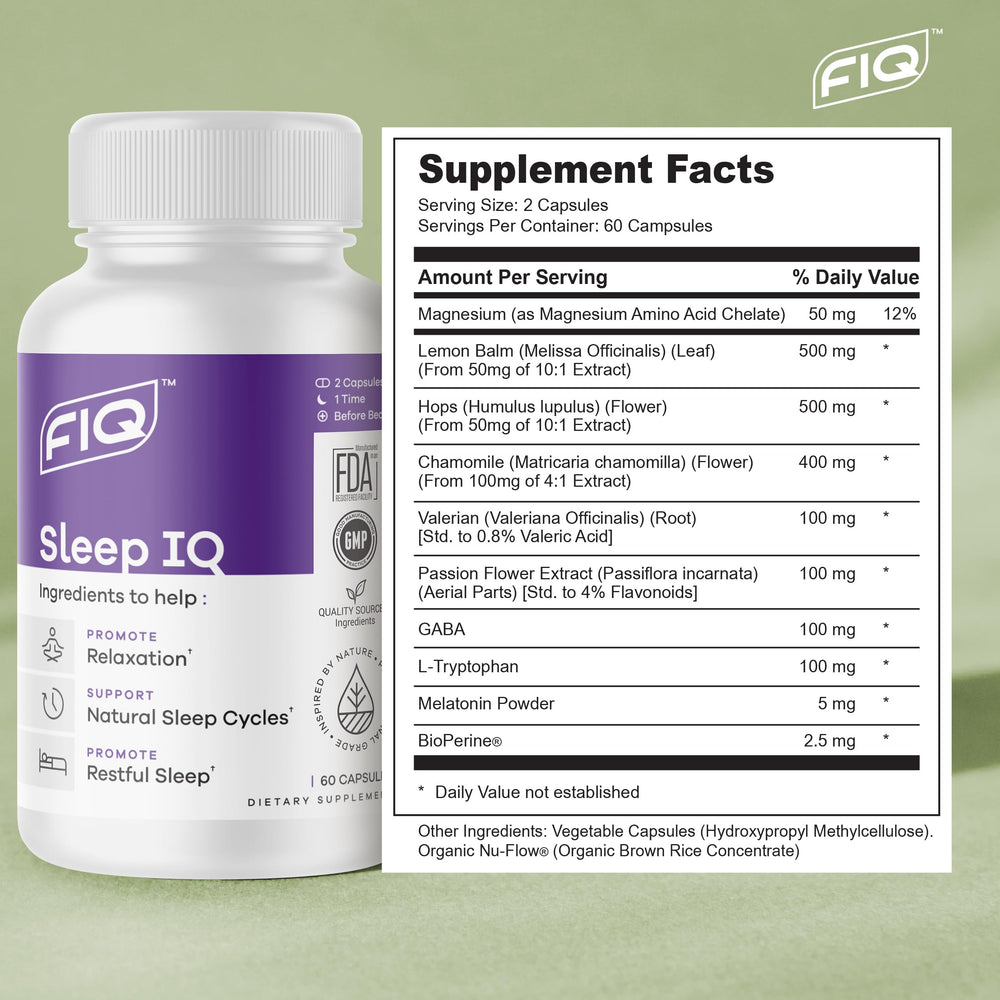 FIQ Sleep IQ valerian root visual emphasizing natural sleep support.