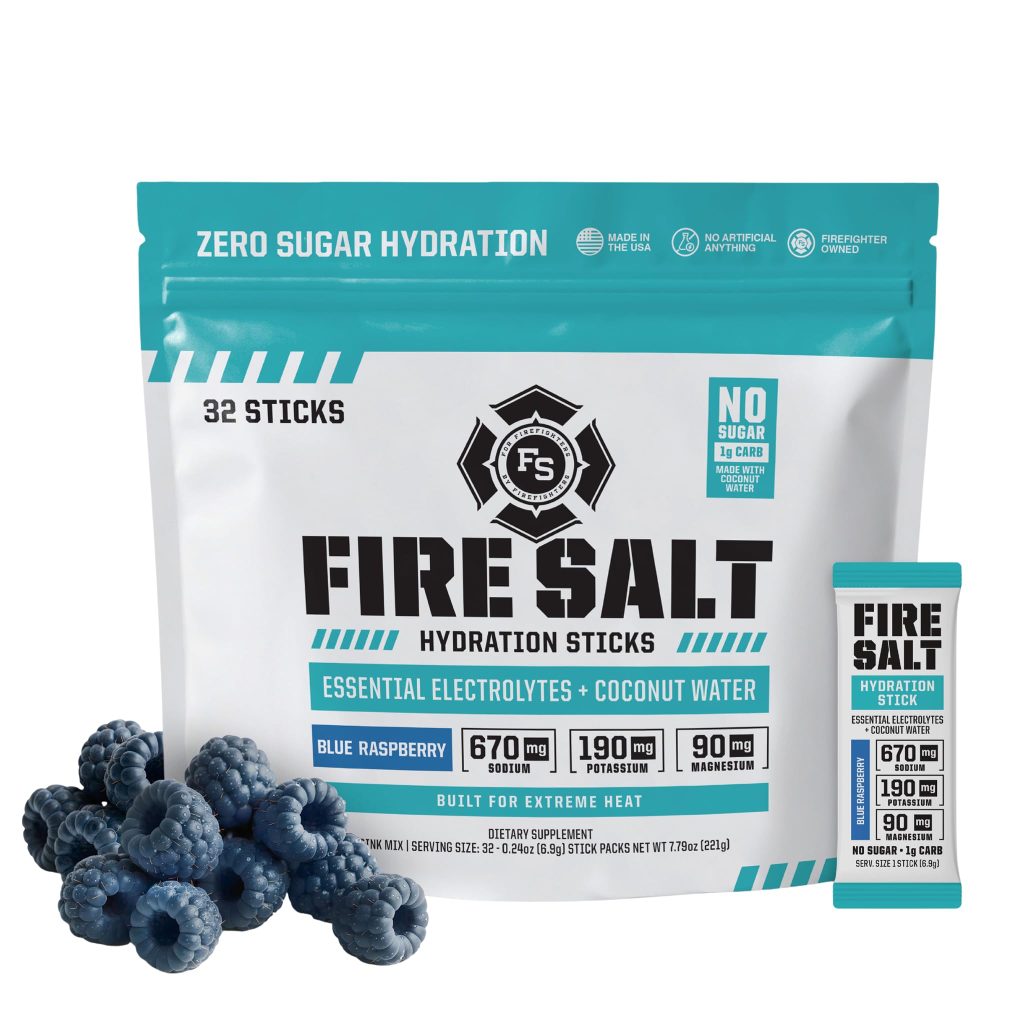 Fire Science Fire Salt hydration stick in blue raspberry for on-the-go hydration.