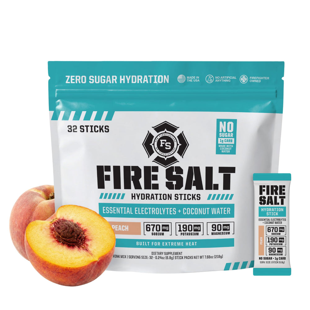 Fire Science Fire Salt Hydration Sticks peach bottle for refreshing electrolyte intake during workouts.