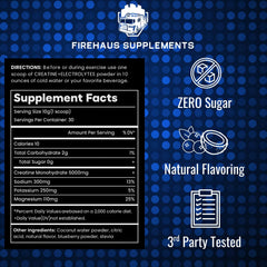 FireHaus Creatine + Electrolytes with a glass of water for hydration support.