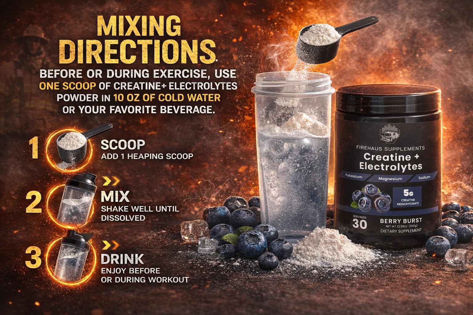 FireHaus Creatine + Electrolytes beside dumbbells for gym performance.