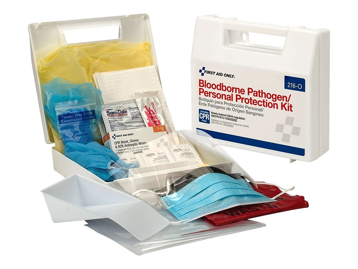 First Aid Only 29-piece body fluid cleanup kit in a plastic case for portable mess management.