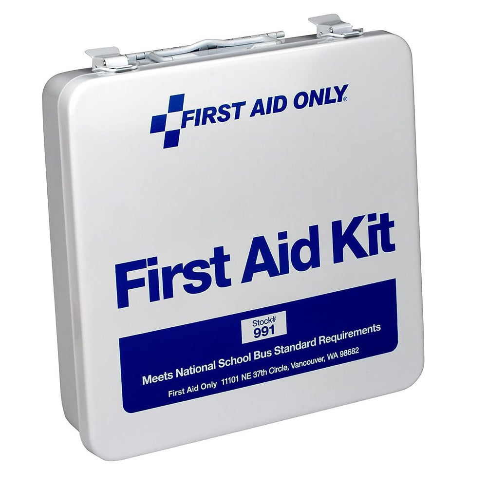 First Aid Only 50-Person Bus Kit case interior with labeled supplies for quick access.