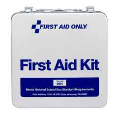 First Aid Only 50-Person Bus Kit case exterior in weatherproof metal, ready for roadside use.