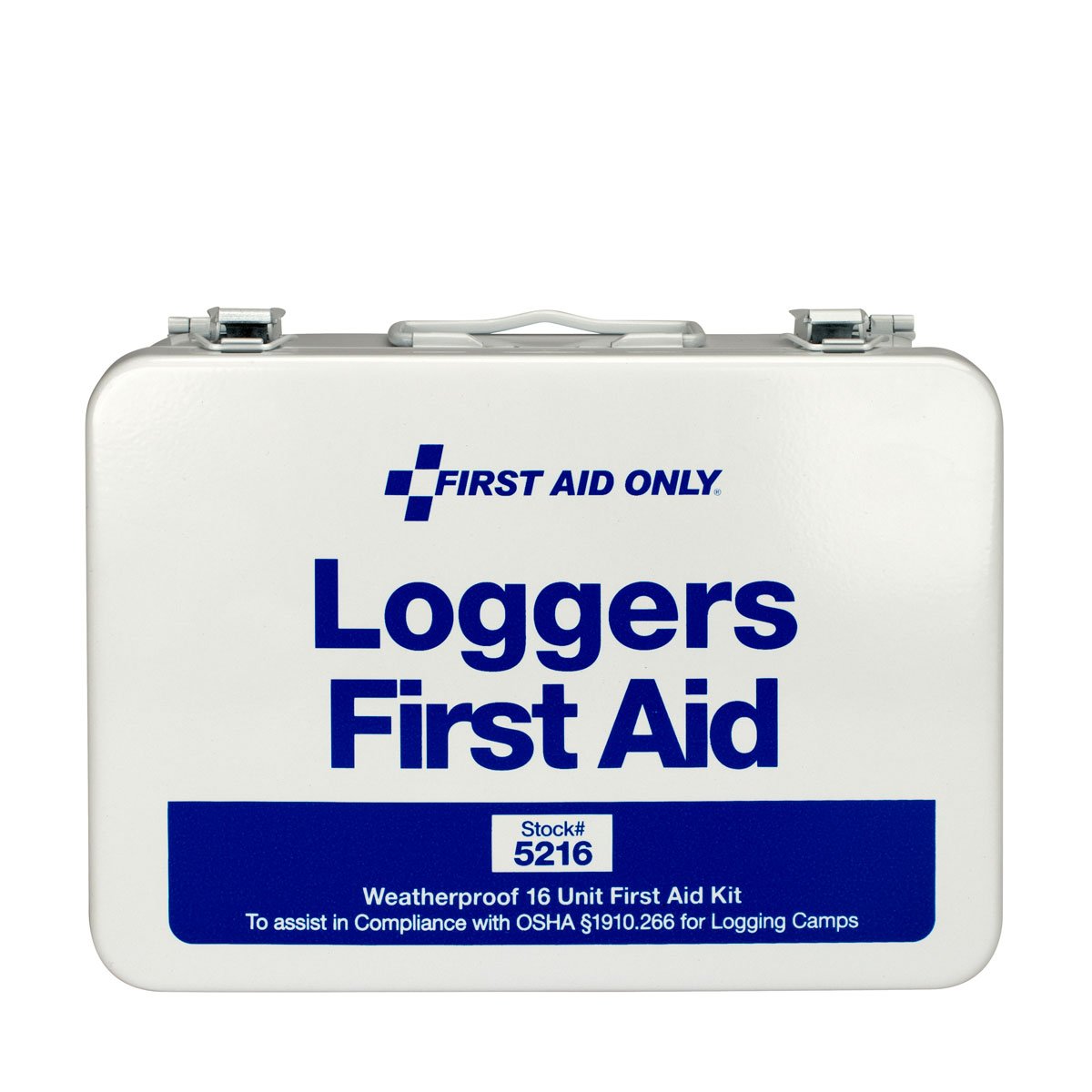 First Aid Only 5216 logger kit metal case keeps supplies protected on outdoor jobsites.