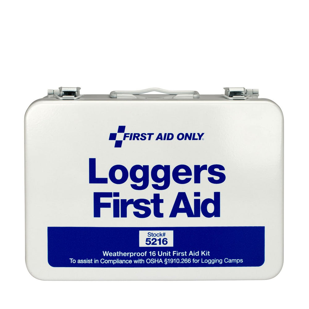 First Aid Only 5216 logger kit metal case keeps supplies protected on outdoor jobsites.