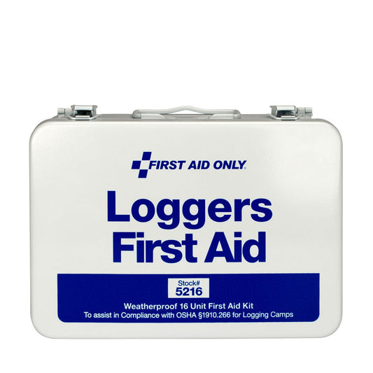 First Aid Only 5216 logger kit metal case keeps supplies protected on outdoor jobsites.