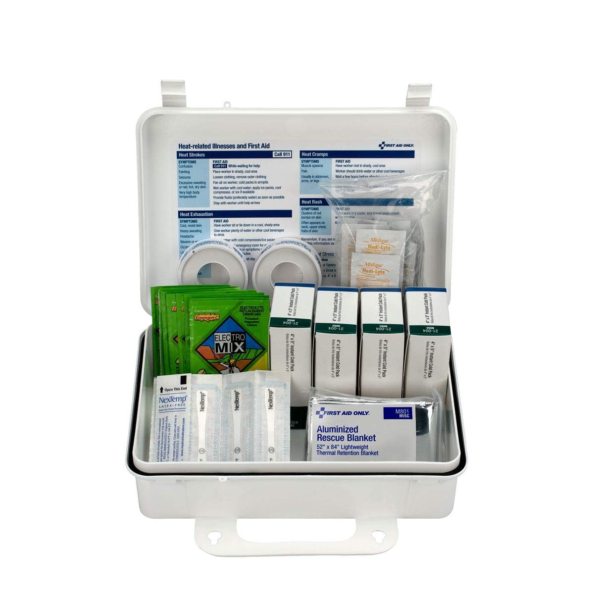 First Aid Only 5250 heat stress kit contents organized for quick access in heat emergencies.