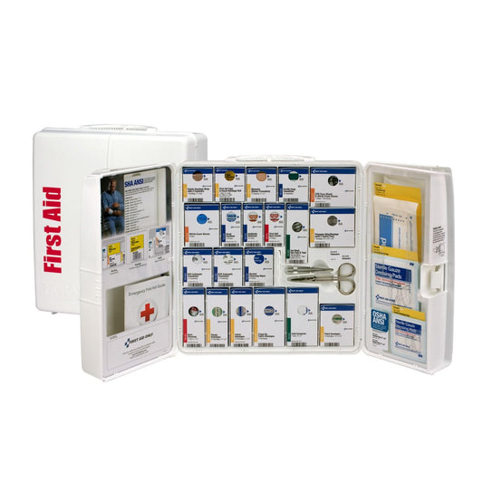 First Aid Only 90580 wall-mount cabinet keeps supplies organized for quick access in emergencies.