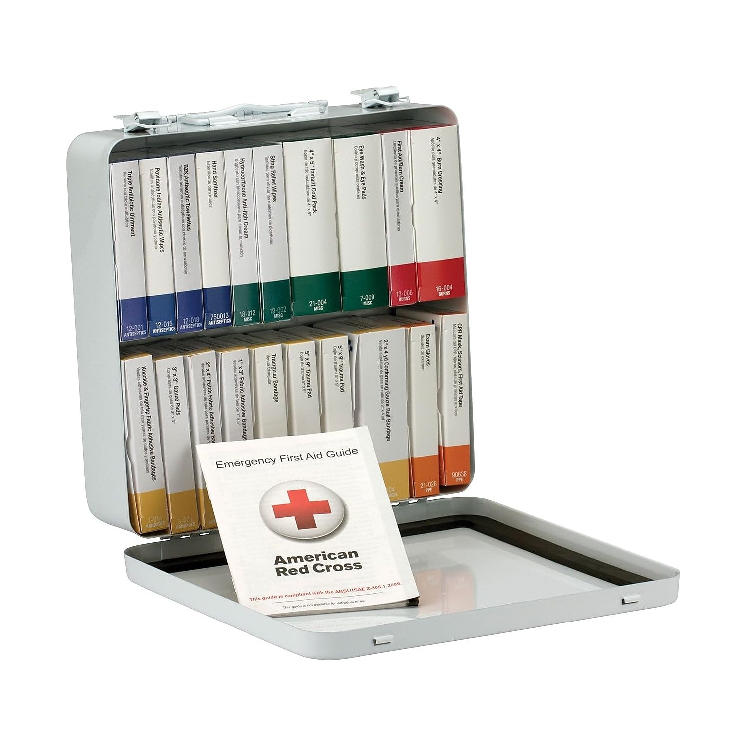 First Aid Only 90600 weatherproof metal case with carrying handle for safe transport and quick access.