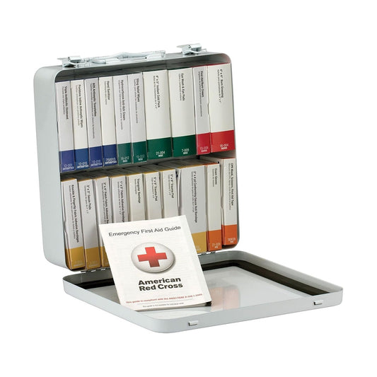 First Aid Only 90600 weatherproof metal case with carrying handle for safe transport and quick access.