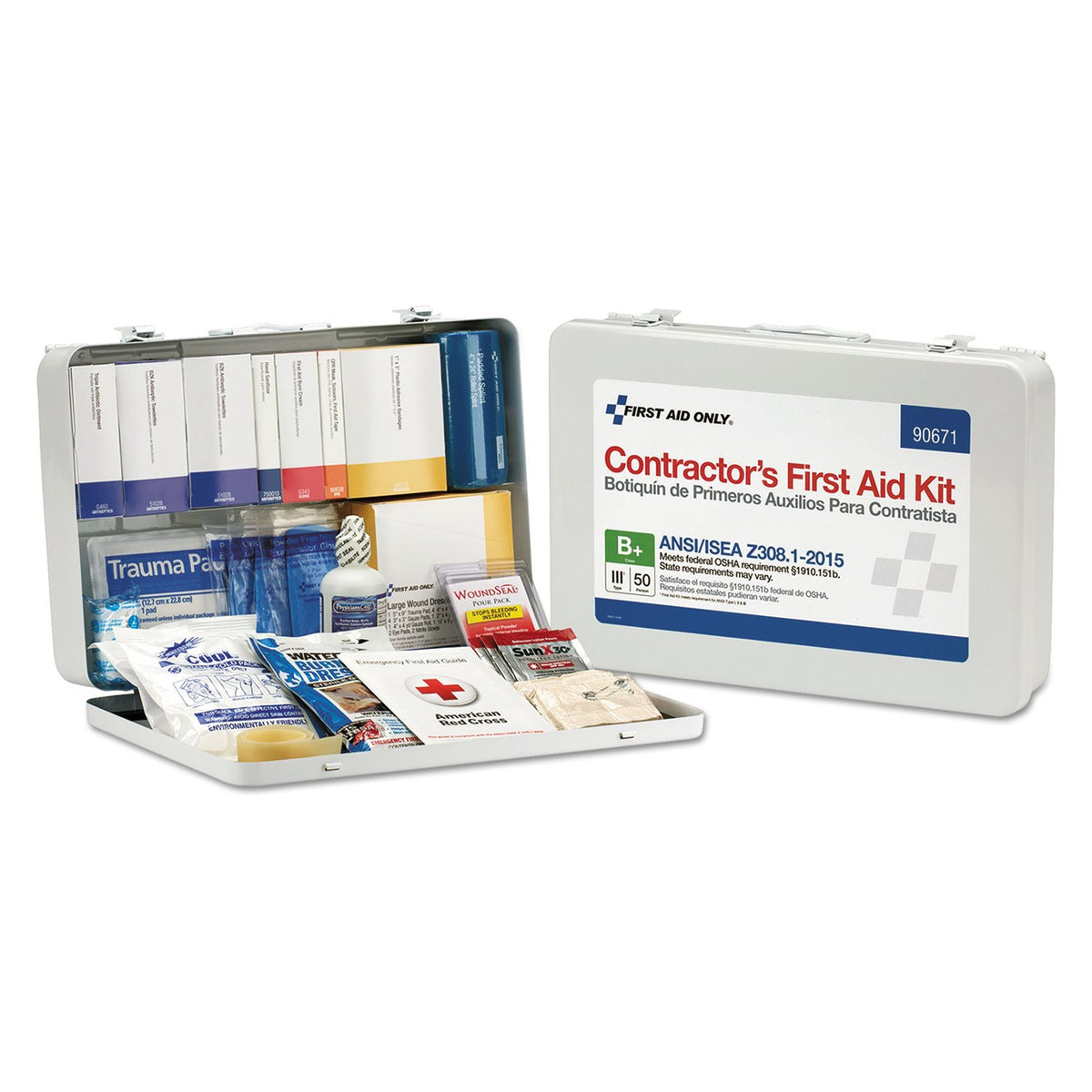 First Aid Only 90671 contractor kit in a metal case for quick on-site access and preparation