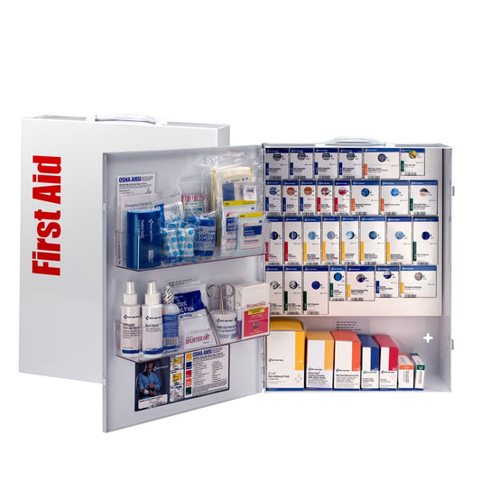 First Aid Only XL cabinet interior showing adjustable shelves for storage