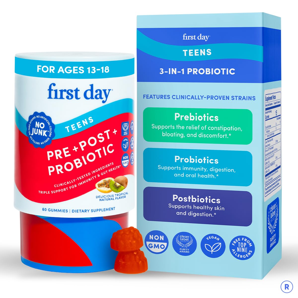 FIRST DAY 3-in-1 tribiotic gummies for teens bottle supports balanced gut health.