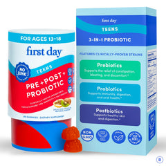 FIRST DAY 3-in-1 tribiotic gummies for teens bottle supports balanced gut health.