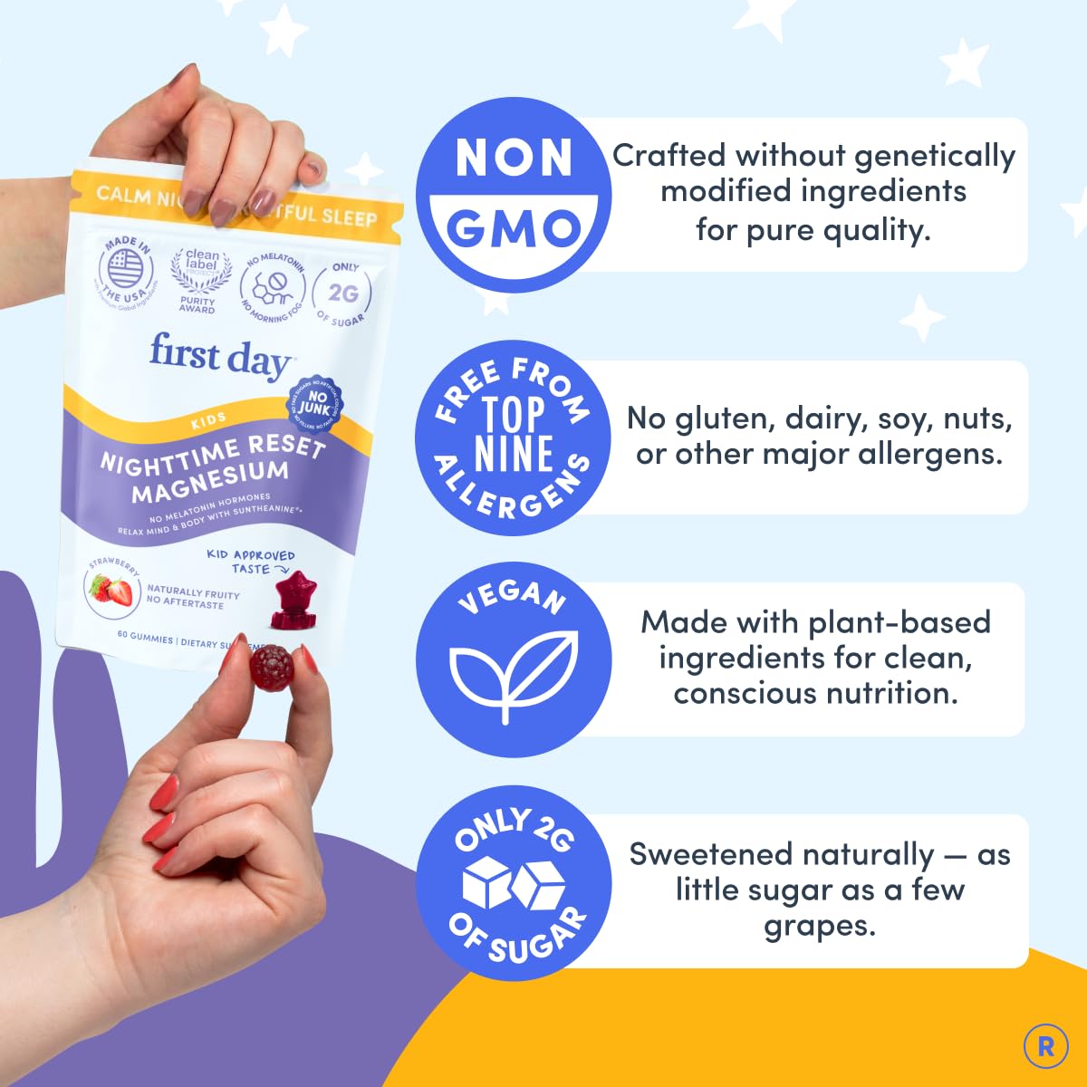 FIRST DAY Allergen-free badge displayed on packaging.