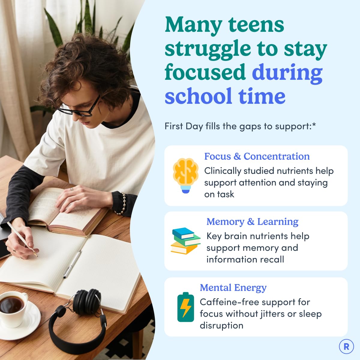 First Day apple-flavored teen gummies promote enjoyable focus during study.