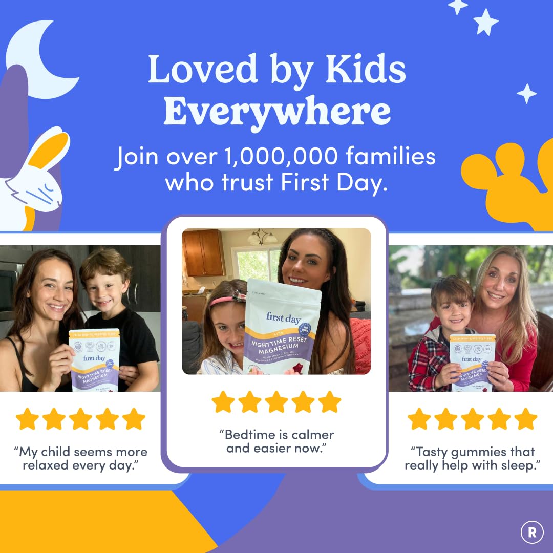 FIRST DAY Bedtime routine scene featuring gummies for kids.