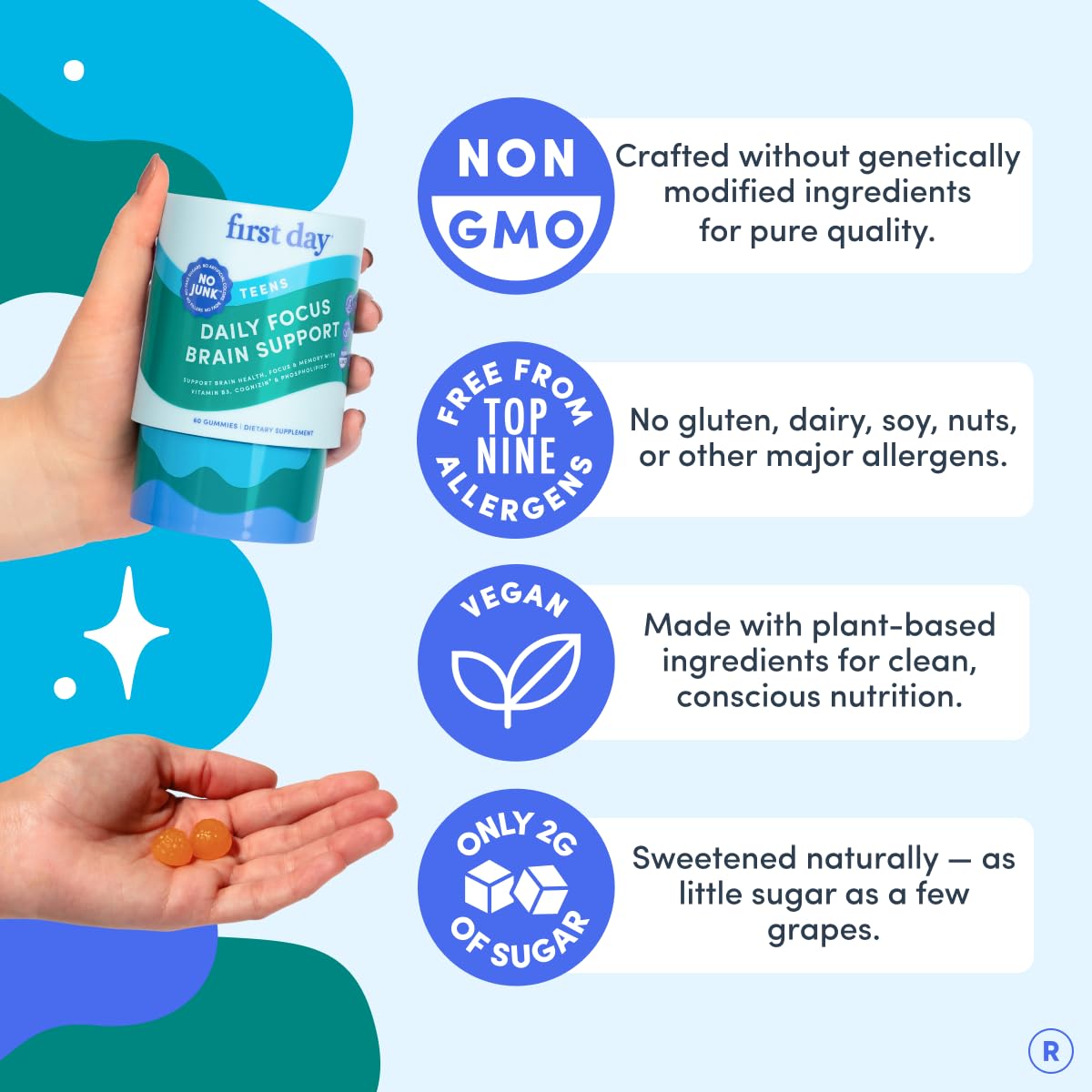 First Day caffeine-free mental energy gummies shown for steady focus.