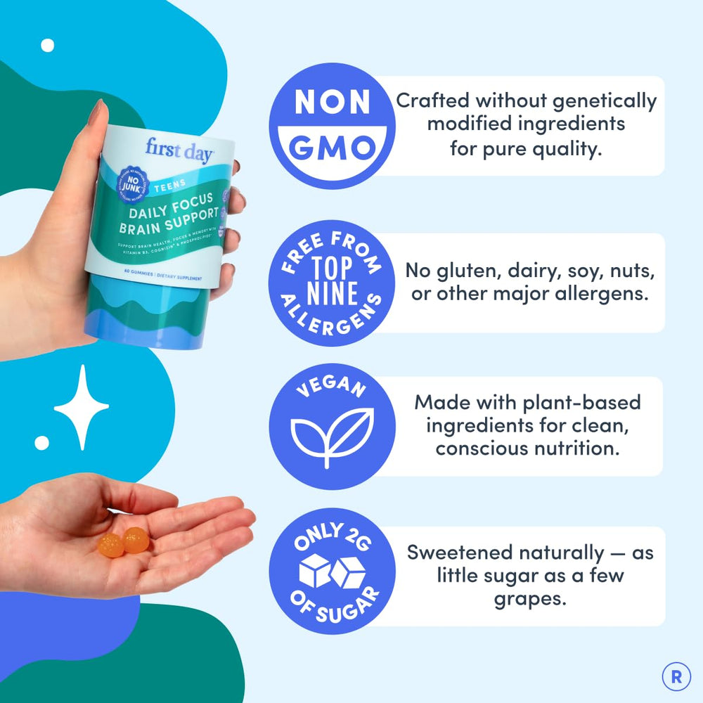 First Day caffeine-free mental energy gummies shown for steady focus.