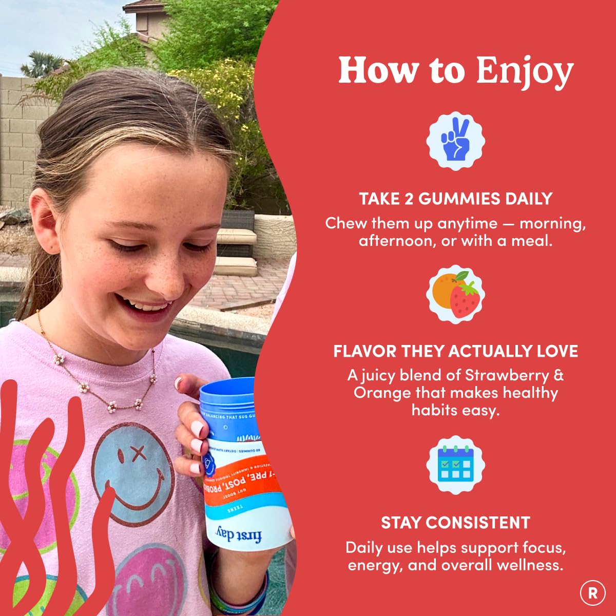 FIRST DAY daily teen routine gummies for easy incorporation into day.