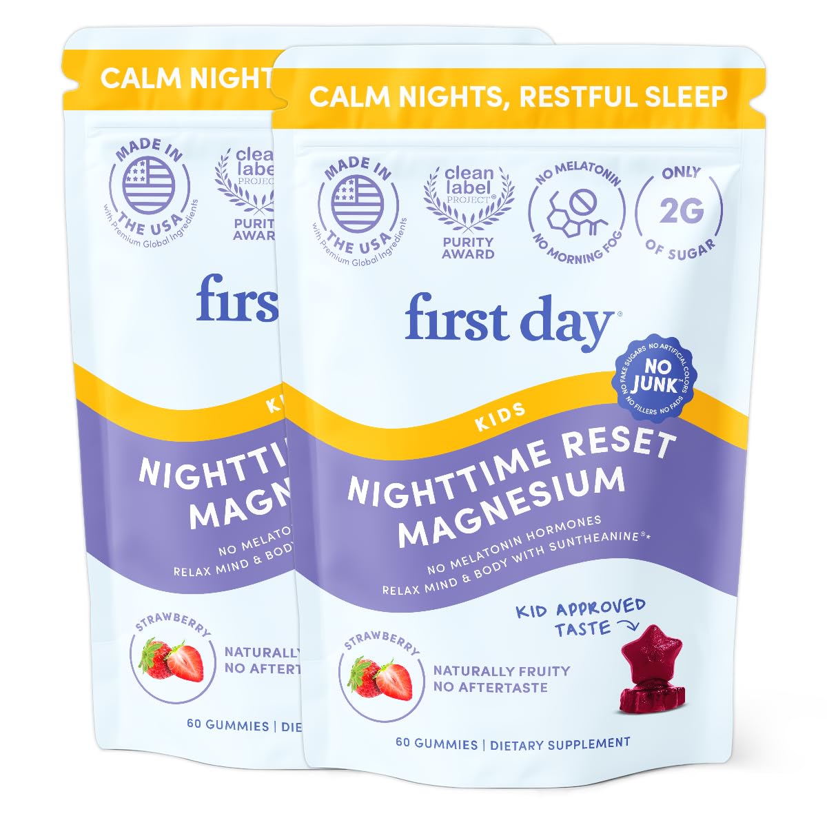 FIRST DAY Kids Magnesium Gummies bottle with strawberry flavor for bedtime calm.
