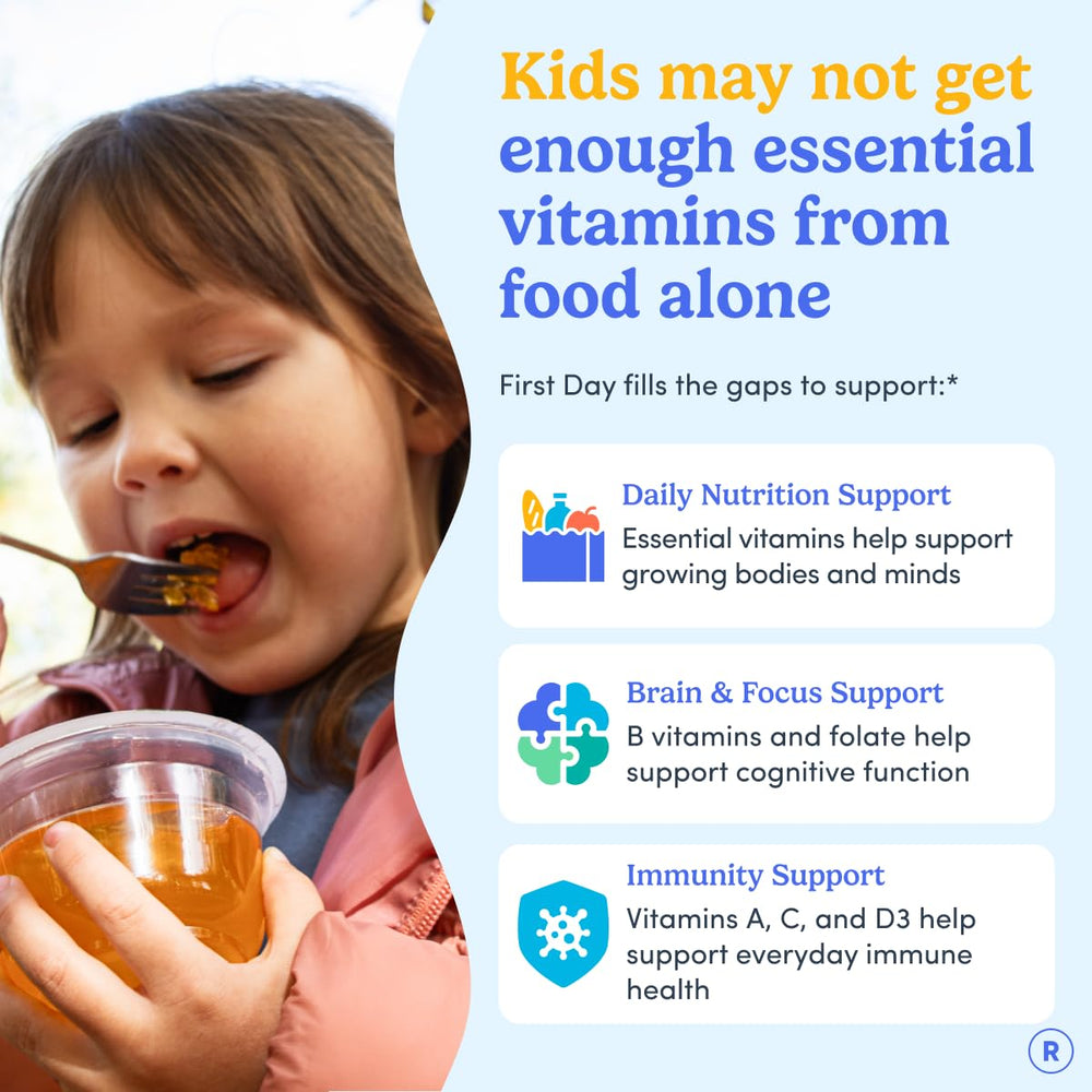 First Day Kids Multivitamin Gummies orange flavor supports brain function and focus