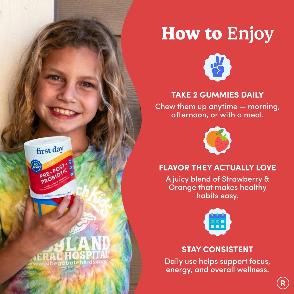First Day Kids Probiotic Gummies vegan gluten-free badge emphasized