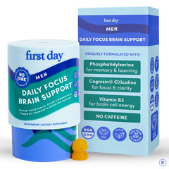 FIRST DAY Men’s Daily Nootropic bottle being poured for steady focus